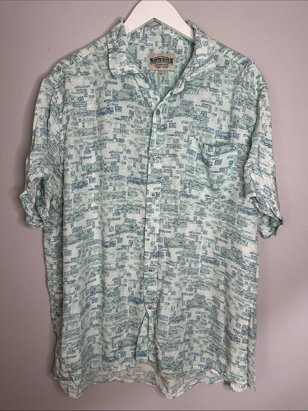 Men's Short-Sleeve Button-Up Shirt in aqua Print size XXL